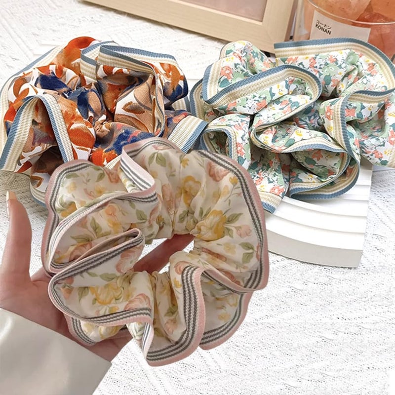 Ouliget Large Floral Scrunchies, Oversized Retro Oil Painting Satin Hair Ties,Jumbo Silk Stretchy Scrunchie for Sleep No Damage,3 Pieces - Image 3